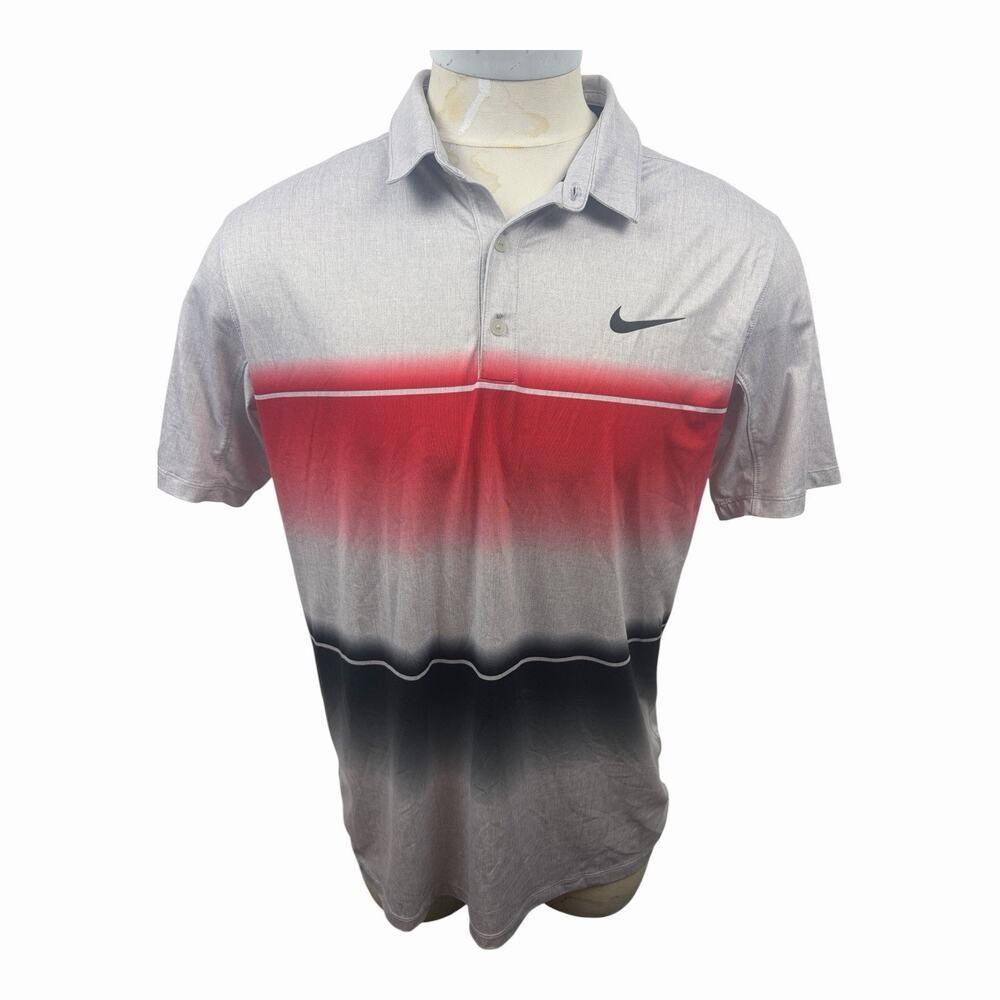 NIKE Golf Polo Mens L Gray Red Black Ombre Standard Fit Dri-Fit Shirt